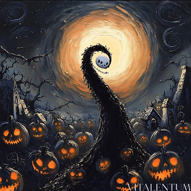 AI ART Spooky Halloween Scene with Jack-o'-Lanterns and Moon