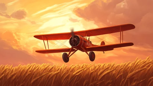 Red Biplane Above Wheat Fields at Golden Hour