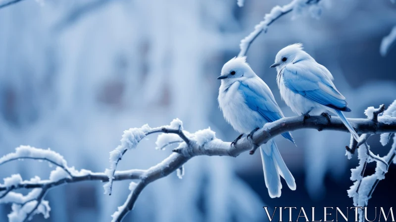 Ethereal Winter Scene with Blue Birds Perched on Snowy Branch AI Image