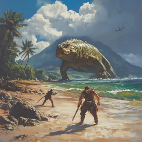 Epic Showdown: Colossal Lizard on the Shore