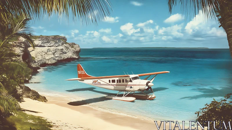 Seaplane Moored on a Tranquil Tropical Beach AI Image