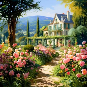 Lush Landscape Painting of a House with Flower Surroundings