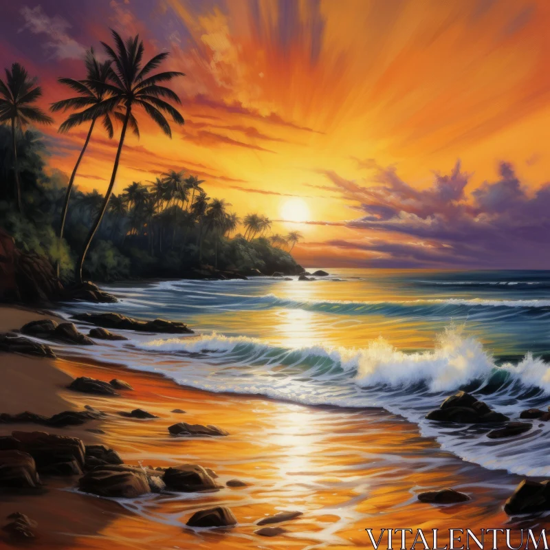 Tranquil Tropical Beach Sunset Painting AI Image