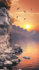 Peaceful Sunset Scene with Lake, Mountains, and Birds