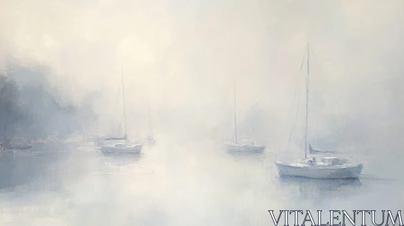 Boats Floating in a Foggy Landscape AI Image