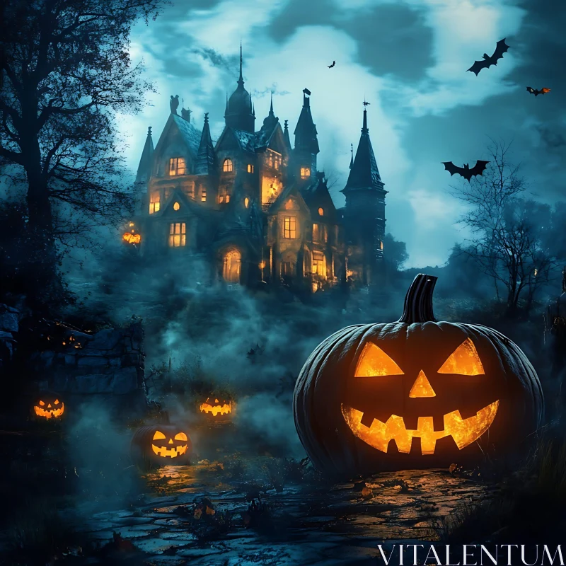 Creepy Jack-o'-Lanterns Before a Haunted Gothic Mansion AI Image