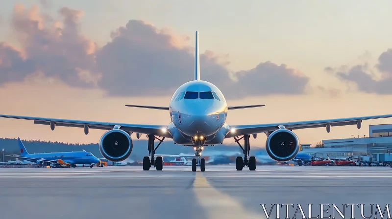 Sunset Airport Runway with Aircraft AI Image