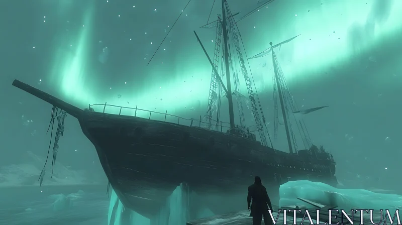 Enigmatic Ship in Icy Waters Beneath Northern Lights AI Image