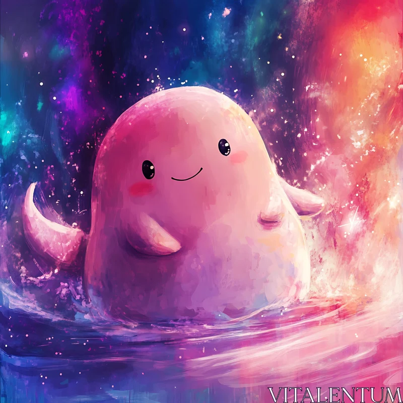 Cute Pink Creature in a Colorful Cosmic Scene AI Image