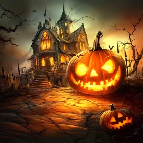 Gothic House with Jack-o'-Lanterns