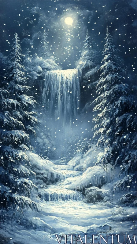 AI ART Winter Waterfall in Snowy Forest