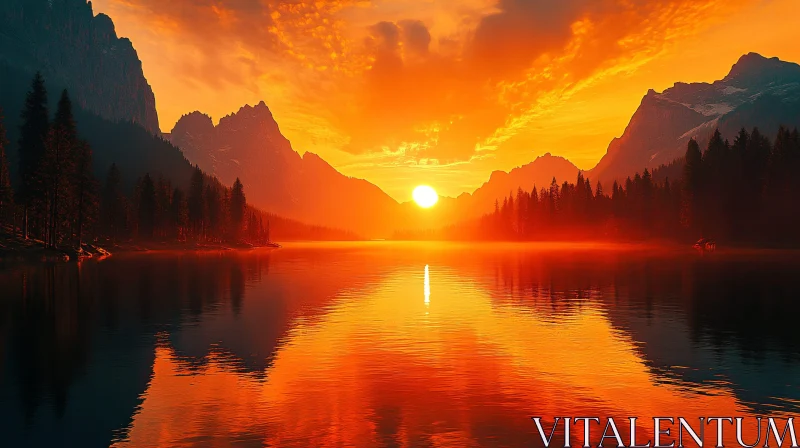 AI ART Serene Sunset Landscape with Majestic Mountains and Calm Lake