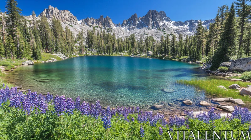 AI ART Mountain Lake with Vibrant Wildflowers and Forest