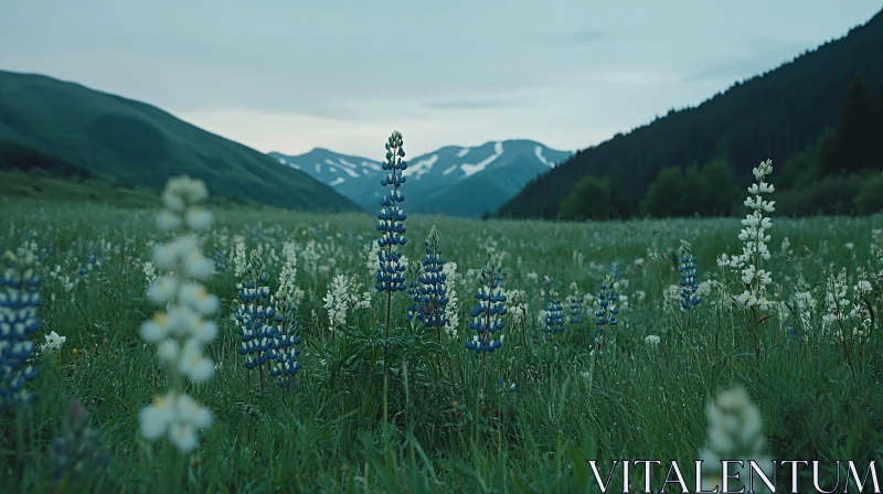 Wildflower Meadow with Mountain Backdrop AI Image