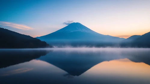 Misty Morning Mountain and Lake Reflection