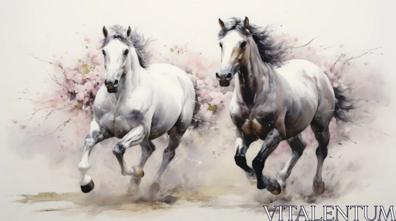 Elegant Watercolor Painting of Horses in Blossom Laden Field AI Image