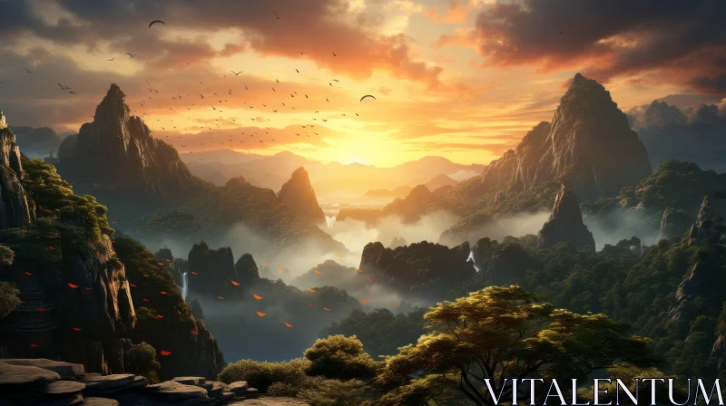 Exotic Mountain Fantasy Landscape with Life-Like Avian Illustrations AI Image