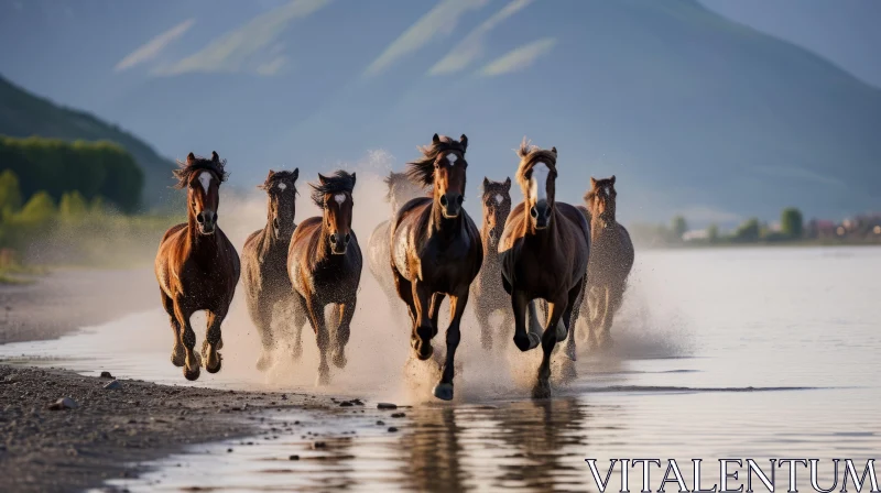 Majestic Horses Galloping in Water Against Mountain Backdrop AI Image
