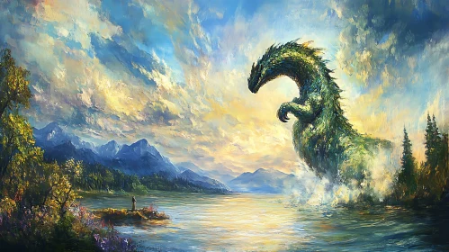 Fantasy Landscape with Mythical Dragon and Sunset