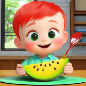 Red-Haired Kid With Watermelon Slice