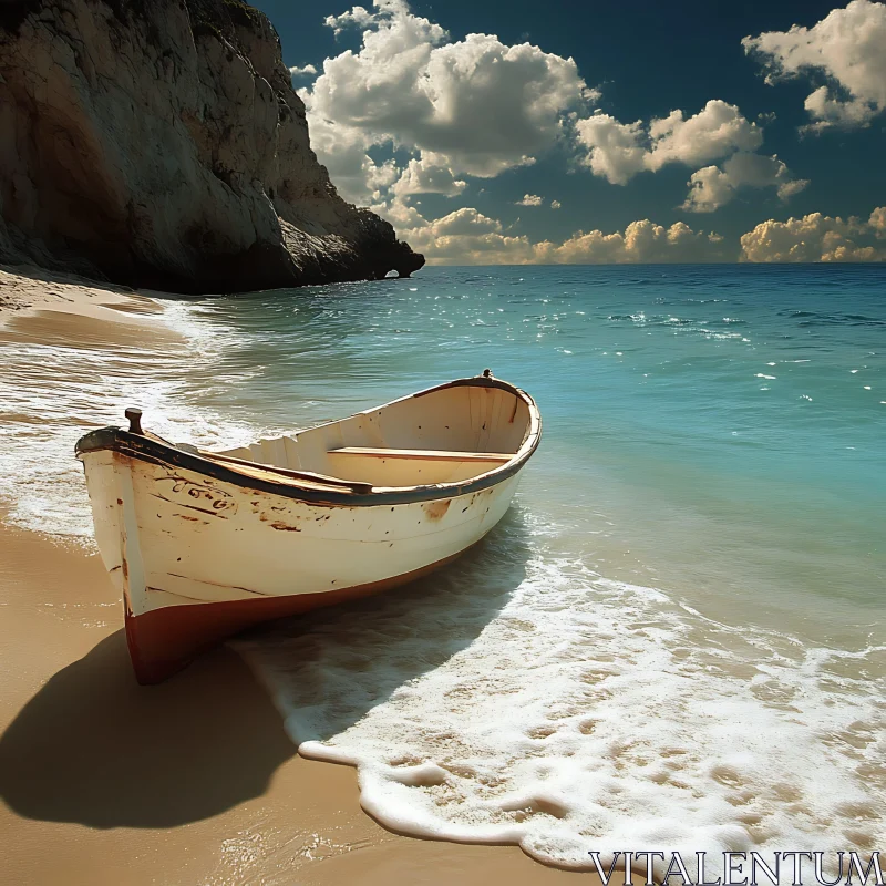 Tranquil Beach with Wooden Boat AI Image