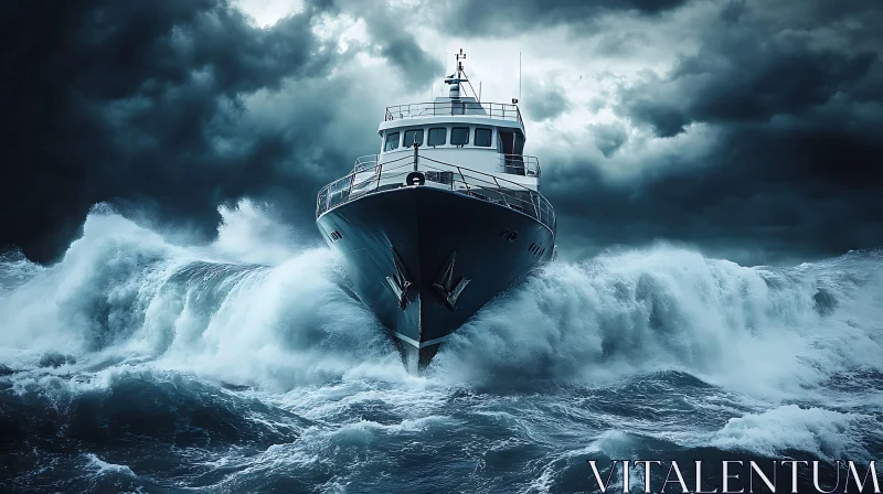 Boat Confronting Turbulent Ocean Waves AI Image