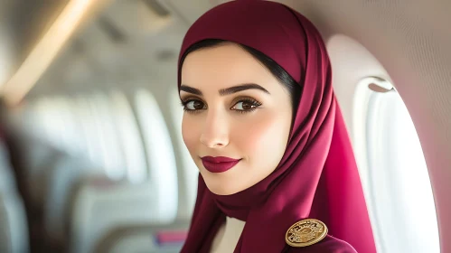 Poised Airplane Crew Member in Maroon Uniform