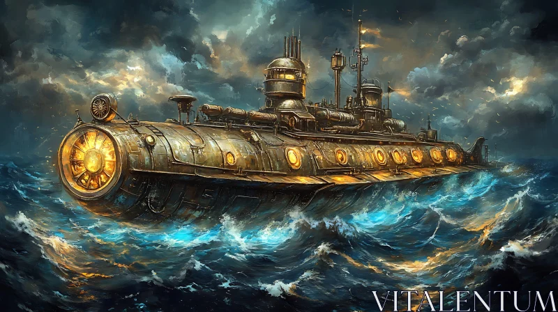 Stormy Steampunk Submarine Adventure AI Image