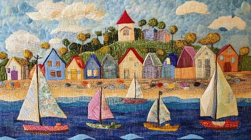 Coastal Village Quilt Art with Sailboats and Cottages