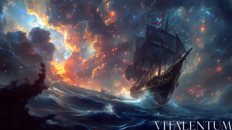 Sailing Ship in a Vibrant Oceanic Storm AI Image