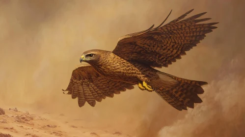 Illustration of Hawk in Flight Over Desert