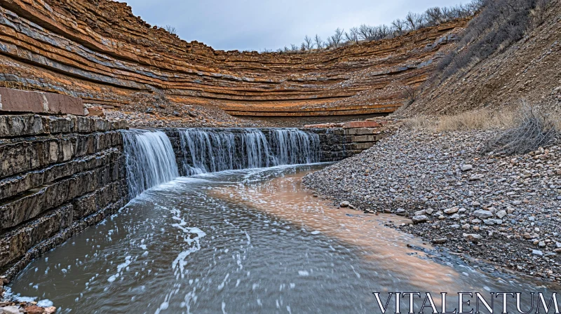 Waterfall Over Geological Rock Strata AI Image