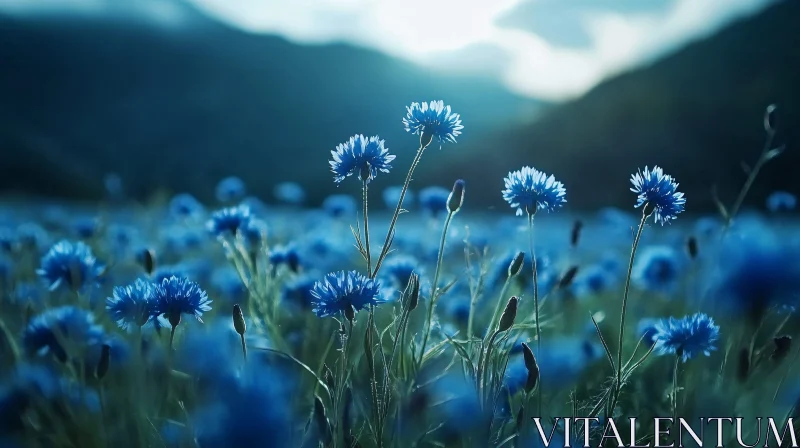 AI ART Blue Flowers at Dawn in Mountainous Terrain