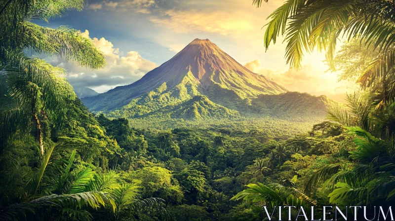 Sunlit Tropical Mountain and Forest Scene AI Image