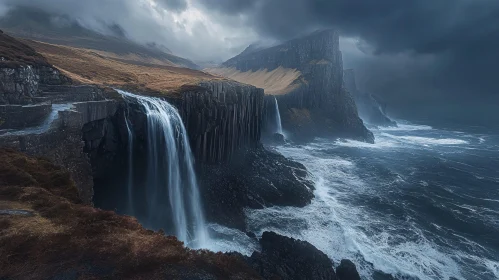 Majestic Coastal Waterfall Amid Turbulent Waves