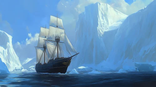 Sailing Vessel Amidst Towering Icebergs