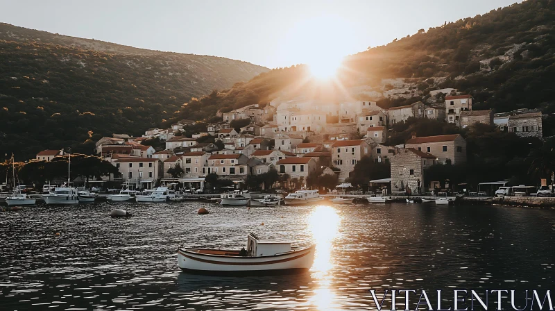 Sunset Over Serene Coastal Village with Moored Boats AI Image