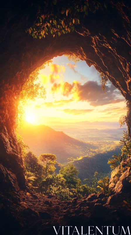 Cave Entrance Overlooking a Sunset AI Image