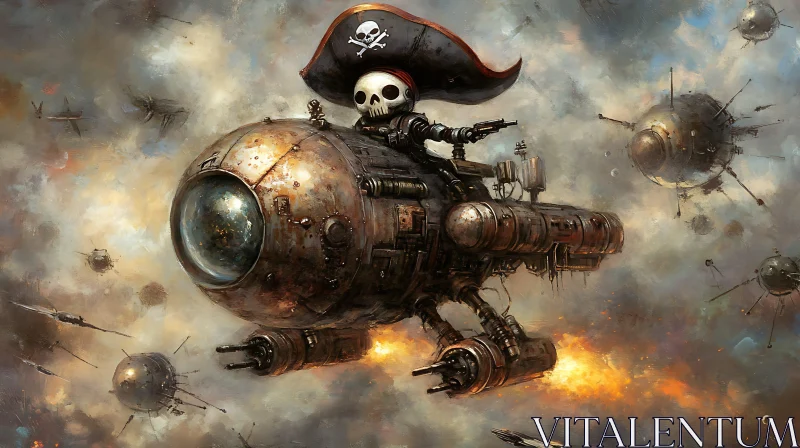 Fantasy Steampunk Pirate Spaceship in Cloudy Sky AI Image