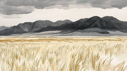 Shadowy Mountains and Golden Field Under Cloudy Sky