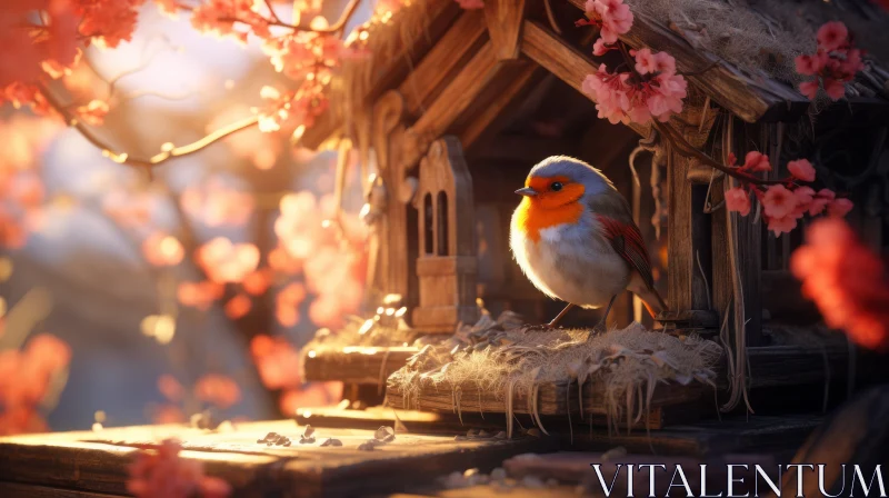 Charming Spring Scene with Red Bird in Birdhouse AI Image