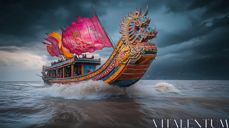 Dragon Boat in Rough Seas AI Image