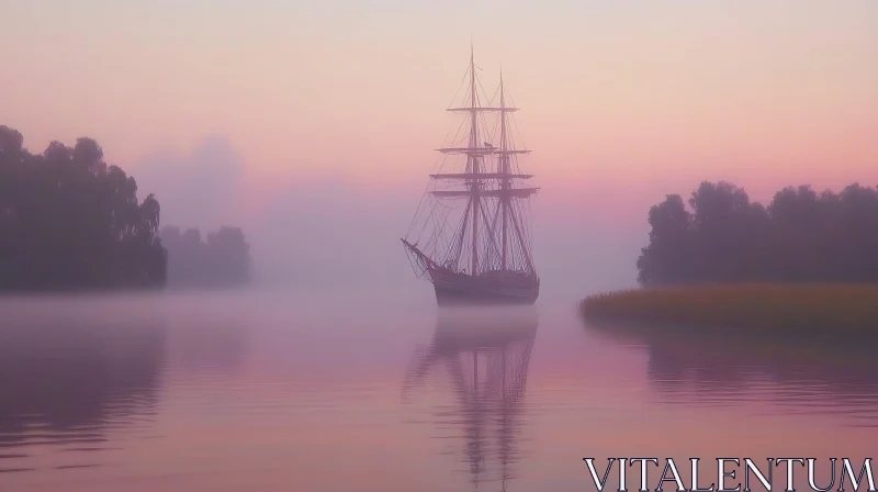 Tranquil Morning Sailboat in Foggy Lake AI Image