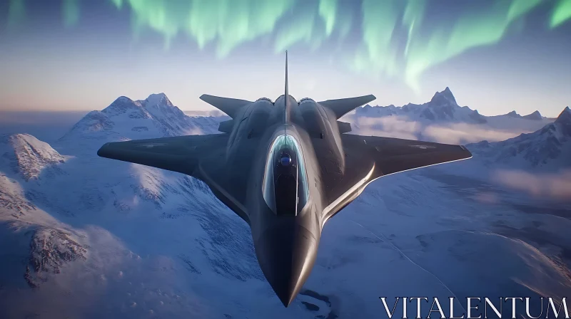 Advanced Jet Under the Aurora in Snow-Covered Mountains AI Image