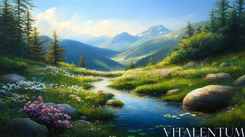 AI ART Peaceful Mountain Landscape with Flowing Stream