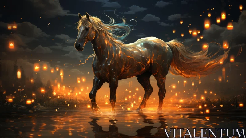 Fiery Horse in Water - Dreamlike Detailed Illustration AI Image