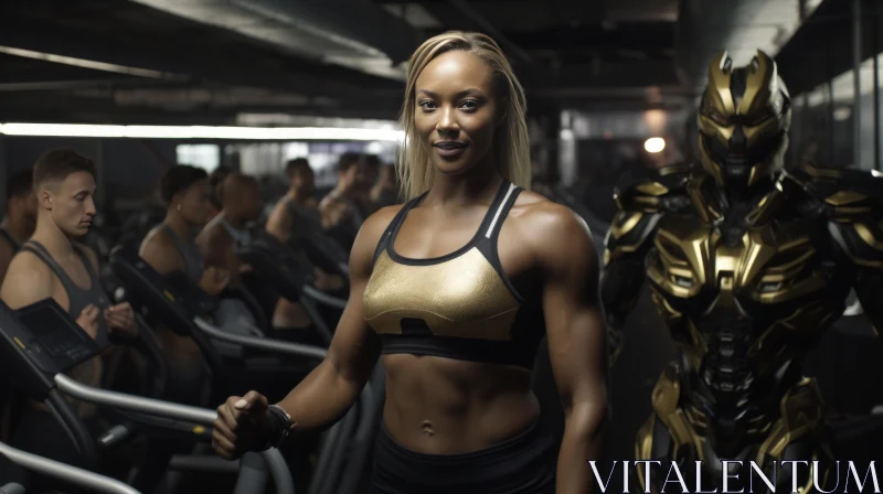 Gold Accented Gym Scene featuring Woman in Metallic Gear AI Image
