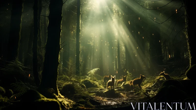 Sunlit Forest Scene with Deer - A Tranquil Display of Nature AI Image