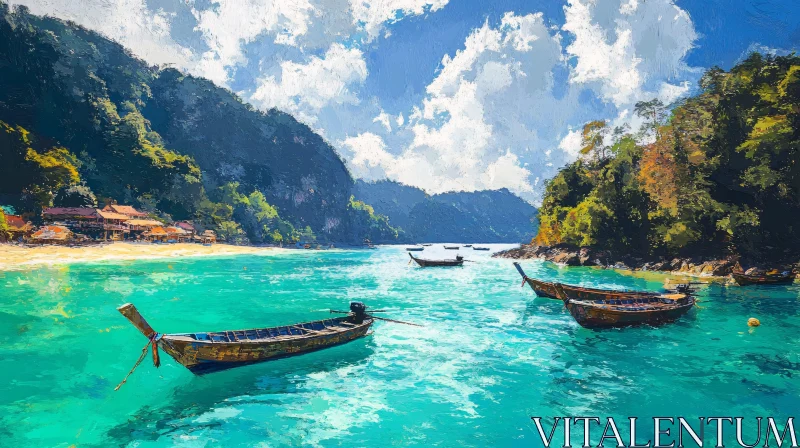 Stunning Tropical Painting with Boats and Turquoise Waters AI Image