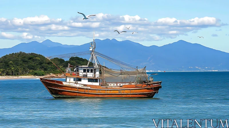 Rustic Fishing Boat with Seagulls and Mountains AI Image